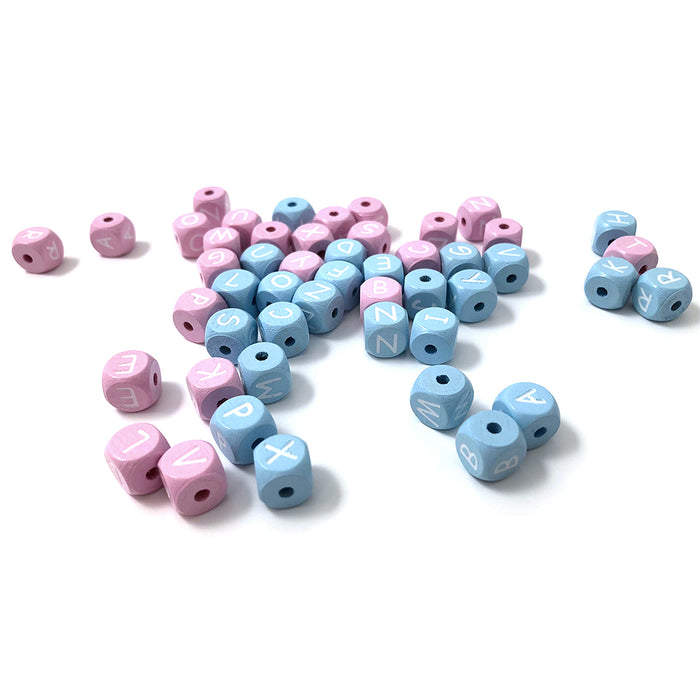 Light pink wooden letter beads, 10mm, cubes, A–Z