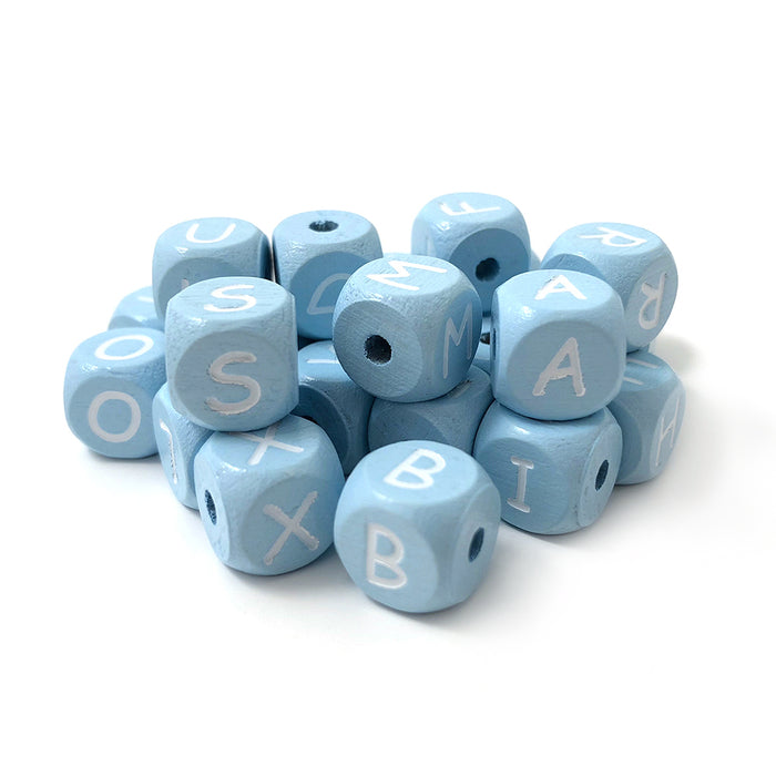 Light blue wooden letter beads, 10mm, cubes, A–Z