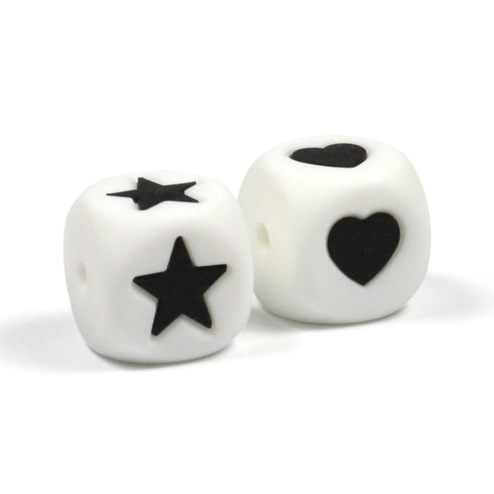 Silicone letter beads, white, heart and star