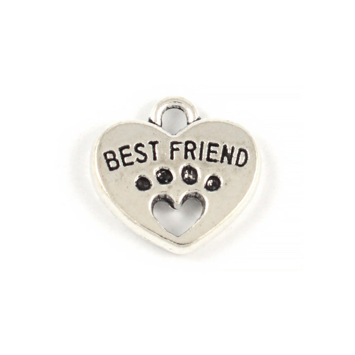 Berlock, hjärta med tass "Best Friend", antiksilver, 15x12mm, 5st