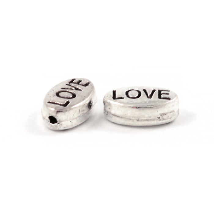 Ovala metallpärlor, "love", antiksilver, 10x6mm, 10st