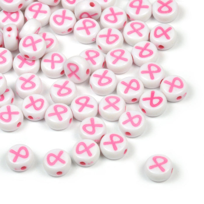 Akrylpärlor med rosa awareness symbol, 100st
