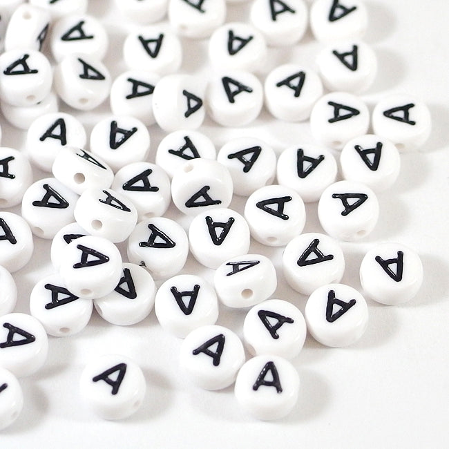 White, round letter beads, A-Z