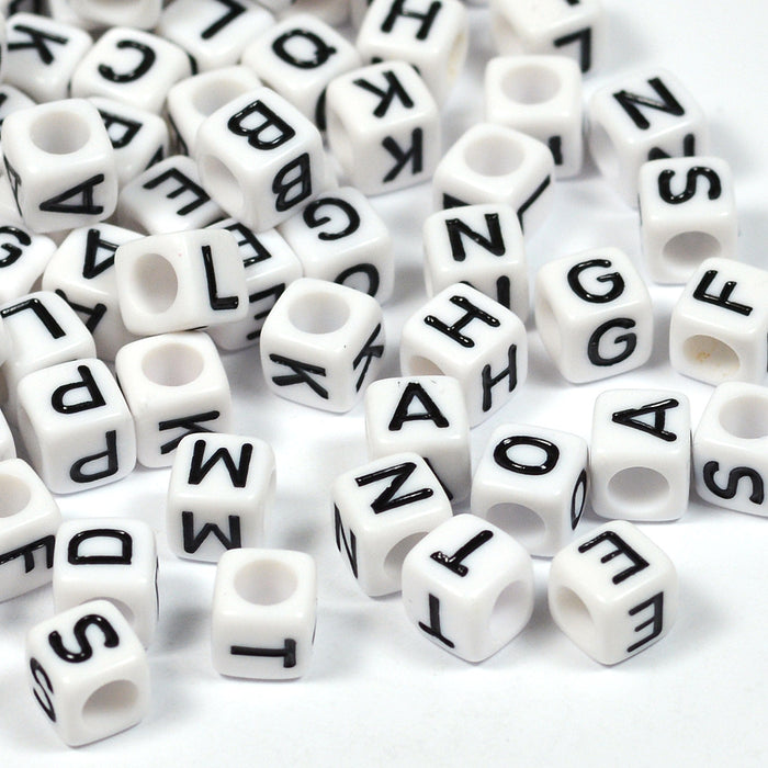 White letter beads, cube, 6mm, mixed