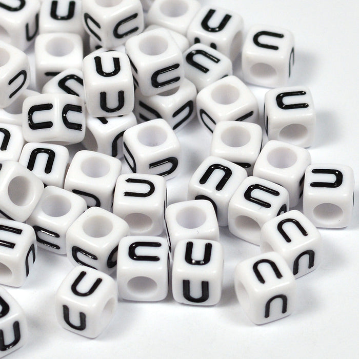 White letter beads, cube, 6mm, A–Z