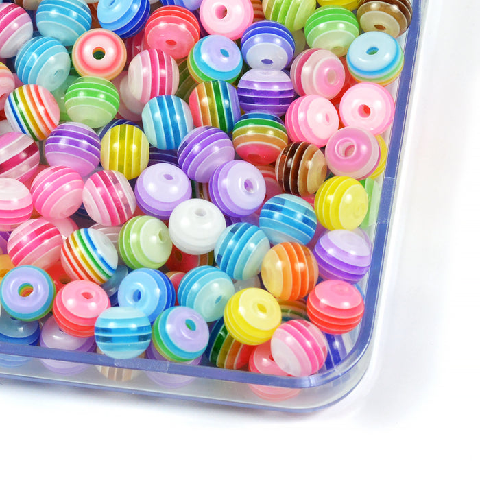 Striped resin beads, color mix, 6mm, 100pcs