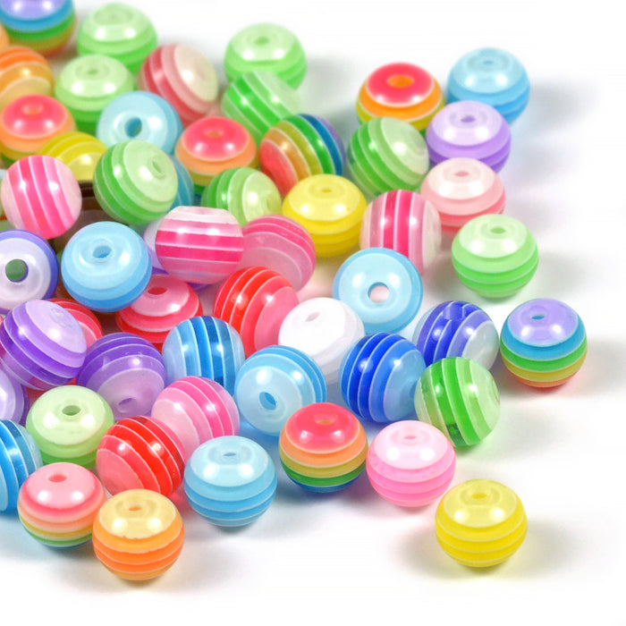 Striped resin beads, color mix, 6mm, 100pcs