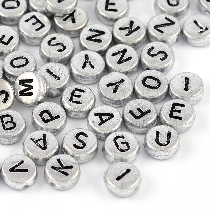 Letter beads, silver, mixed