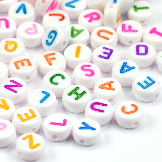 Letter beads, white with color, mixed