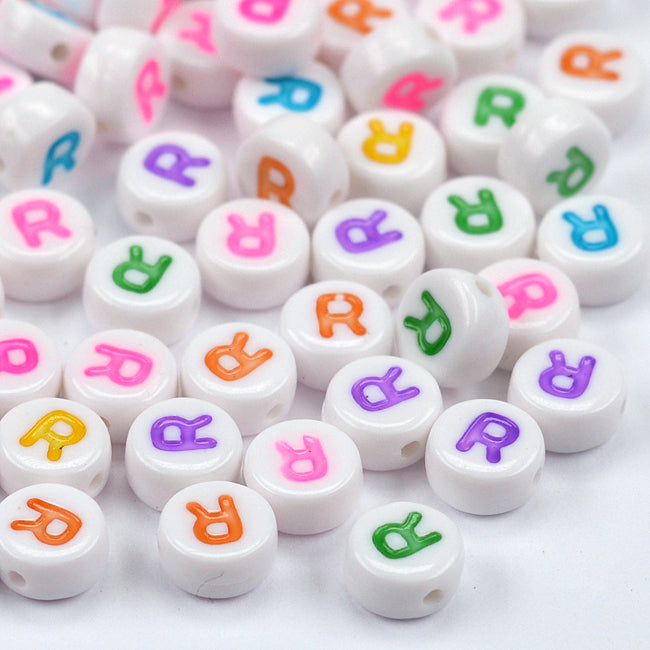Letter beads, white with color, A–Z, 100 pcs