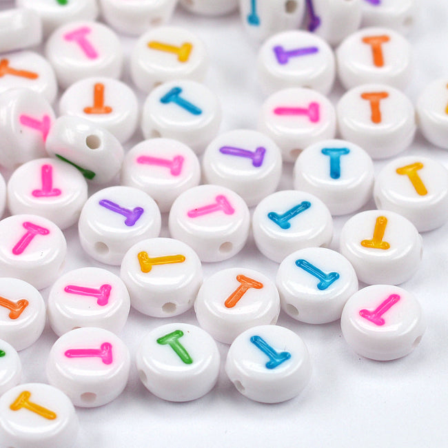 Letter beads, white with color, A–Z, 100 pcs