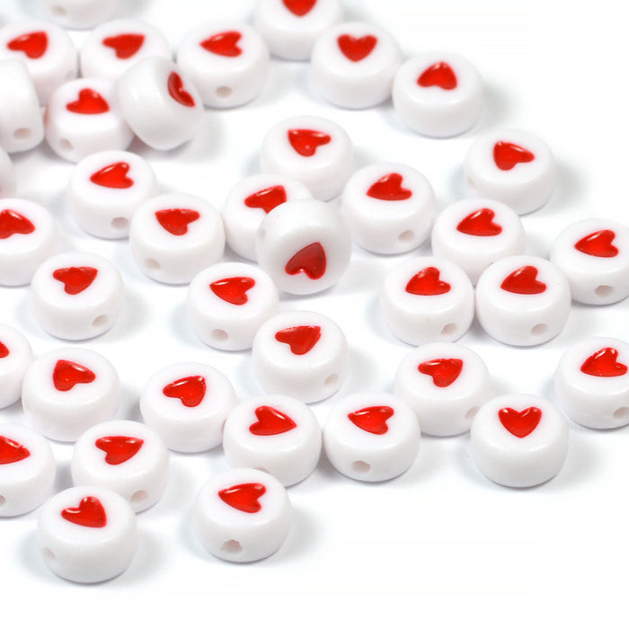 Heart beads, white-red, 100 pcs