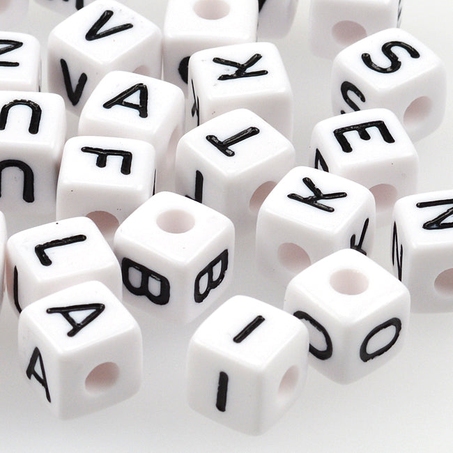 White letter beads, cube, 10mm, mixed