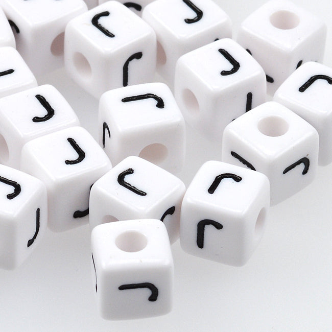 White letter beads, cube, 10mm, A–Z