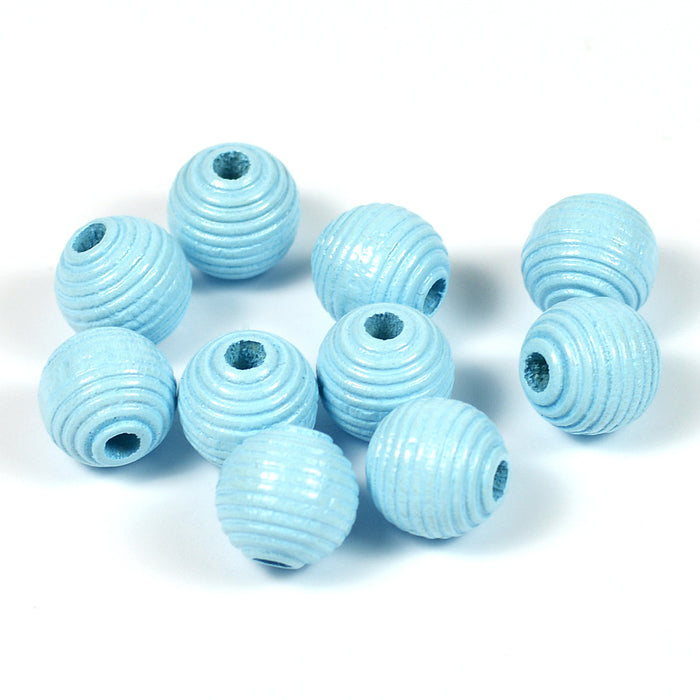 Grooved wooden beads, 10mm, light blue, 35pcs
