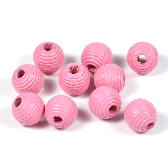 Grooved wooden beads, 10mm, pink, 35pcs