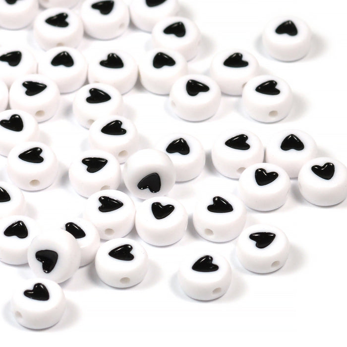 Heart beads, white-black, 100 pcs