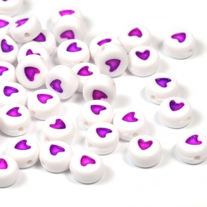 Heart beads, white-purple, 100 pcs