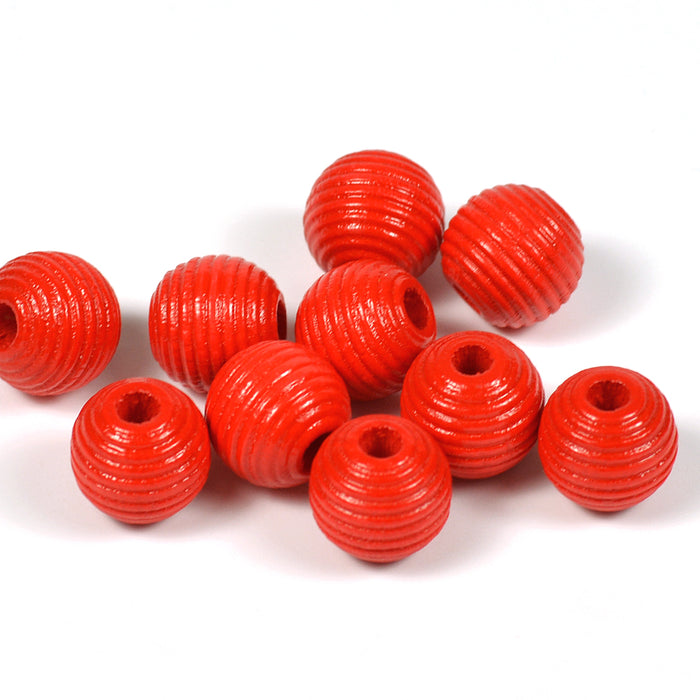 Grooved wooden beads, 10mm, red, 35pcs