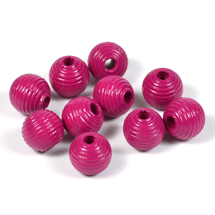 Grooved wooden beads, 10mm, fuchsia, 35pcs