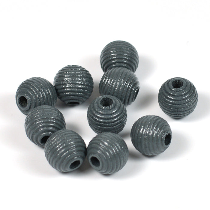 Grooved wooden beads, 10mm, dark grey, 35pcs