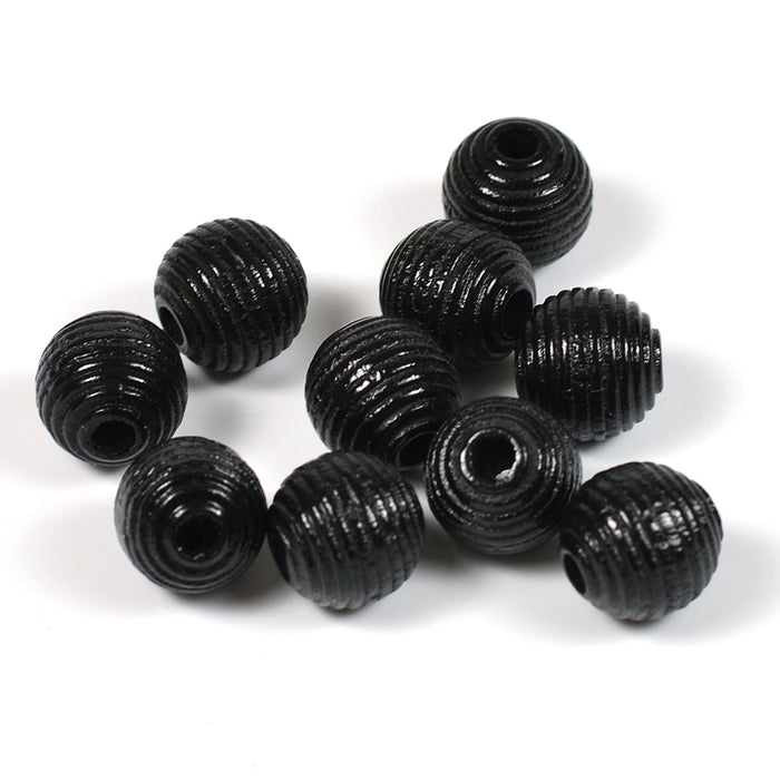 Grooved wooden beads, 10mm, black, 35pcs