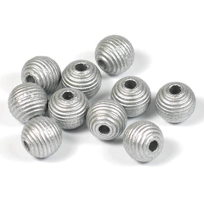 Grooved wooden beads, 10mm, silver, 35pcs