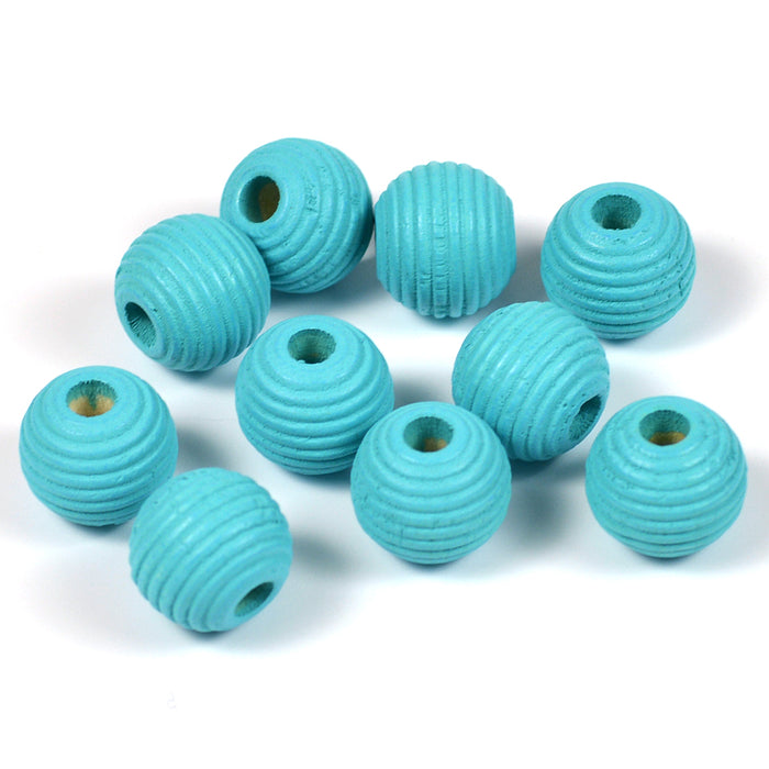 Grooved wooden beads, 10mm, turquoise, 35pcs