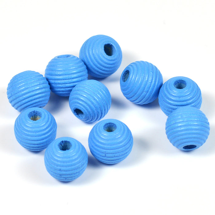 Grooved wooden beads, 10mm, sky blue, 35pcs