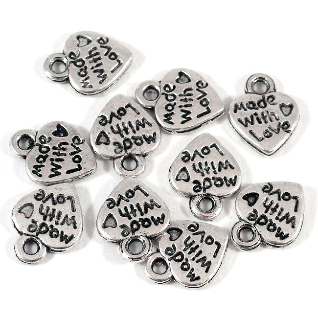 Charm, heart "Made with love", antique silver, 10x12mm, 10pcs