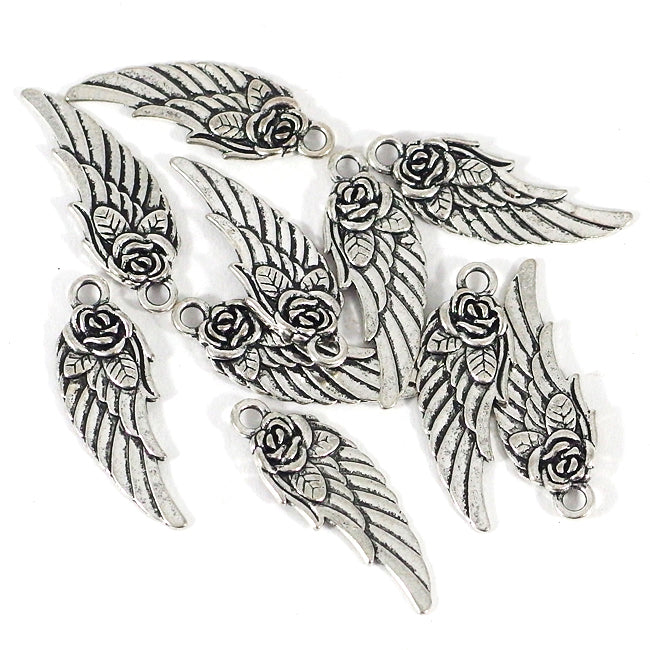 Charm, vinge med rose, antikk sølv, 11x30mm, 10stk