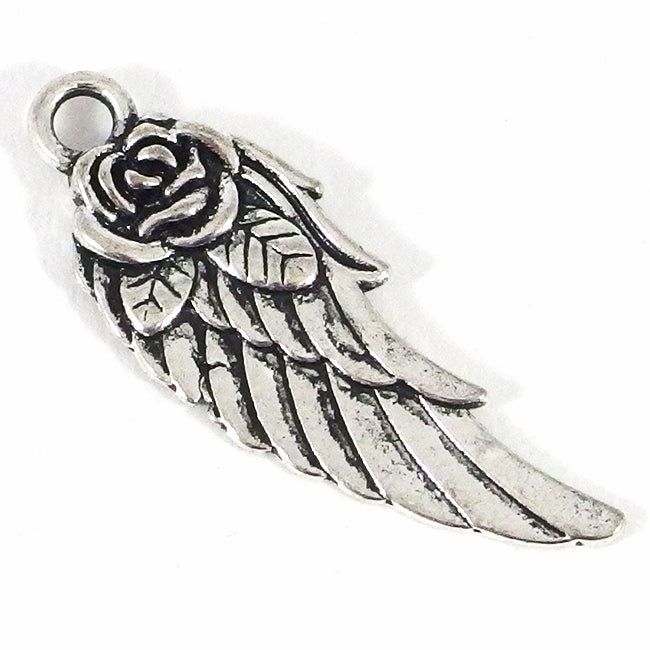 Charm, wing with rose, antique silver, 11x30mm, 10pcs