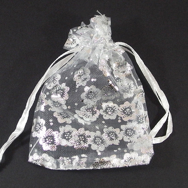 Organza bag, white with silver flowers, 7x9cm