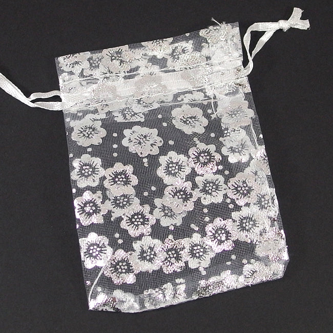 Organza bag, white with silver flowers, 7x9cm
