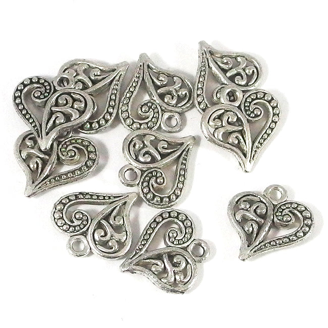 Sjarm, hjerte med ornamenter, antikk sølv, 14mm, 10stk