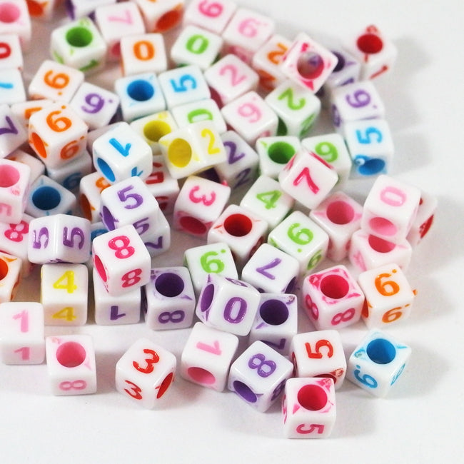 Number beads, cube, white color, 6mm, mixed
