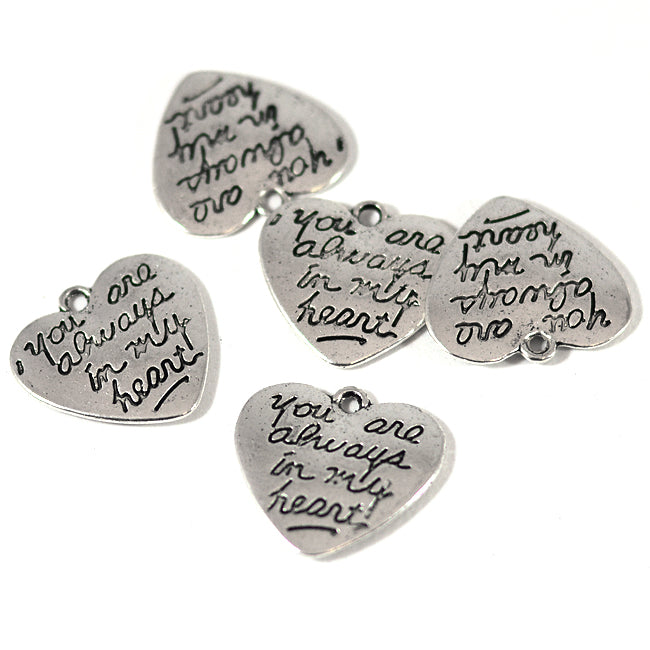 Charm, heart "you are always in my heart", antique silver, 21x20mm, 5pcs