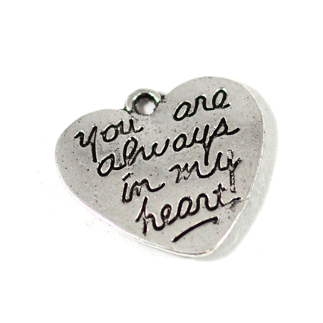 Sjarm, hjerte "du er alltid i mitt hjerte", antikk sølv, 21x20mm, 5stk
