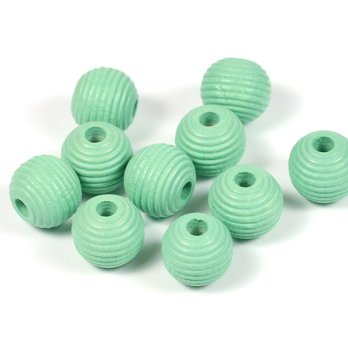 Grooved wooden beads, 10mm, mint, 35pcs
