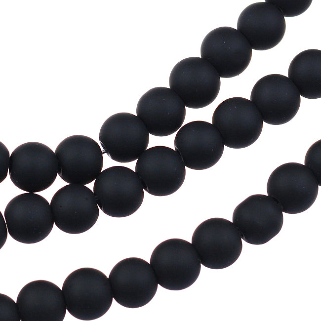 Rubber covered glass beads, black, 6mm