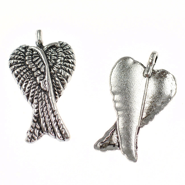 Charm, crossed wings, antique silver, 16x25mm, 5pcs