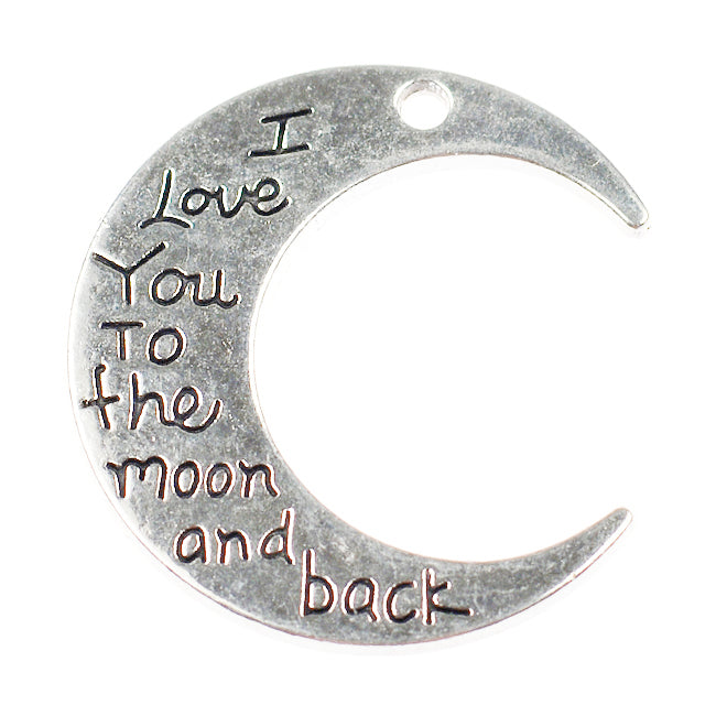 Charm half moon "I love you to the moon and back", antique silver, 30mm, 3pcs