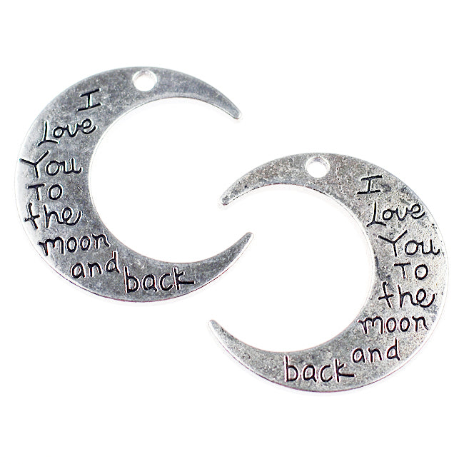 Berlock halvmåne "I love you to the moon and back", antiksilver, 30mm, 3st