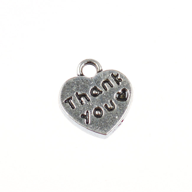 Charm, hjerte "Thank you", antikk sølv, 11x12mm, 10stk