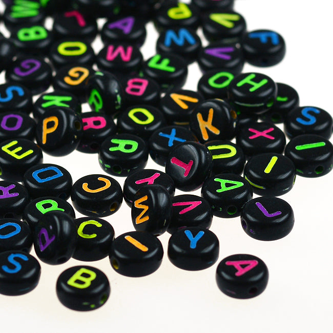 Letter beads, black-neon, mixed