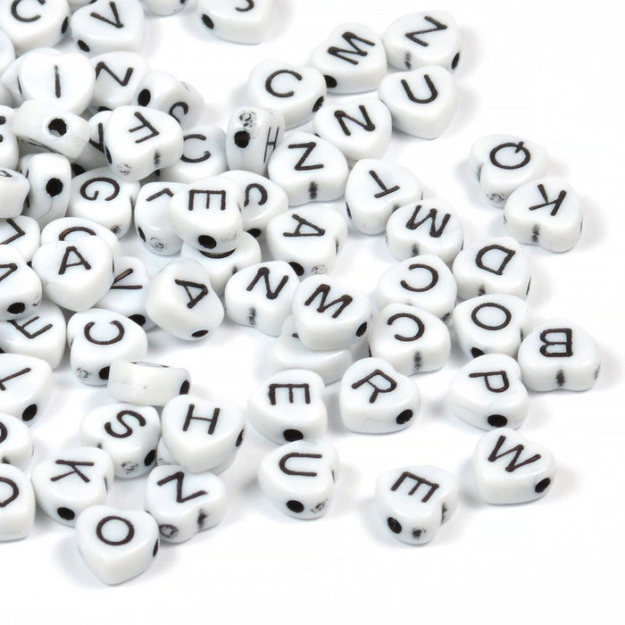 Heart-shaped letter beads, white, mixed