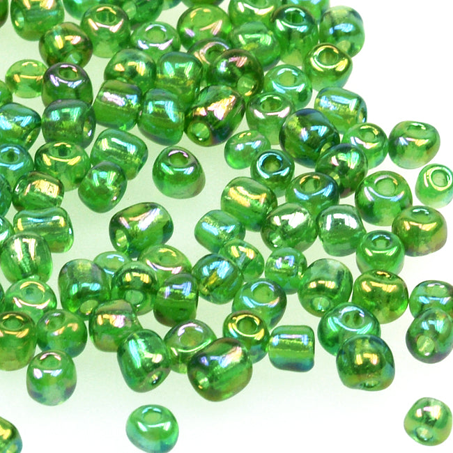 Seed Beads, 4mm, transparent-rainbow grön, 30g