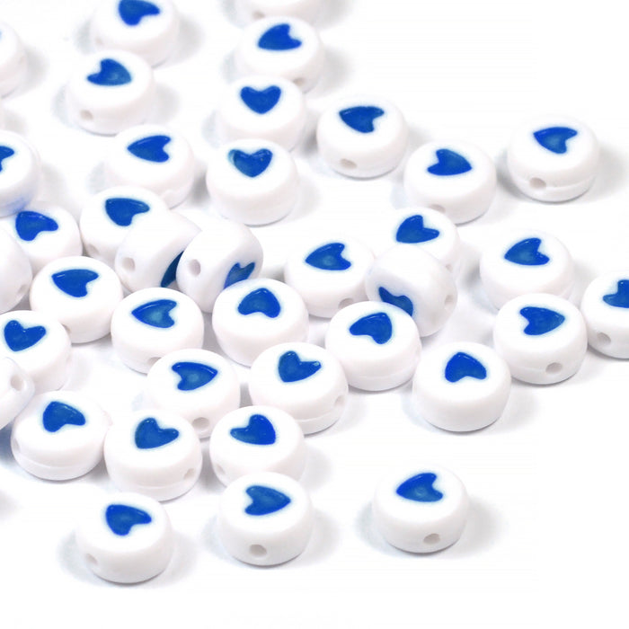 Heart beads, white-blue, 100 pcs