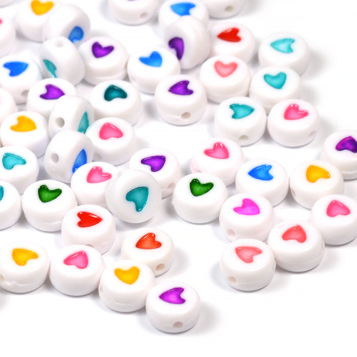 Heart beads, white with color, 100 pcs