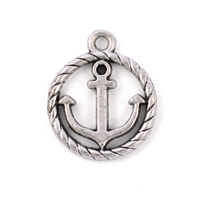 Charm, anchor with rope, antique silver, 16mm, 10pcs